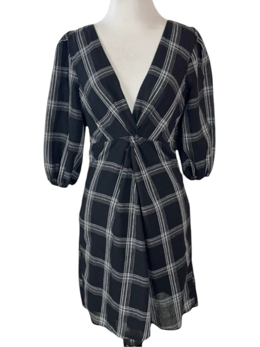 Free People Miss Molly Plaid Puff Sleeve Mini Dress Black White 0 Xs Preppy